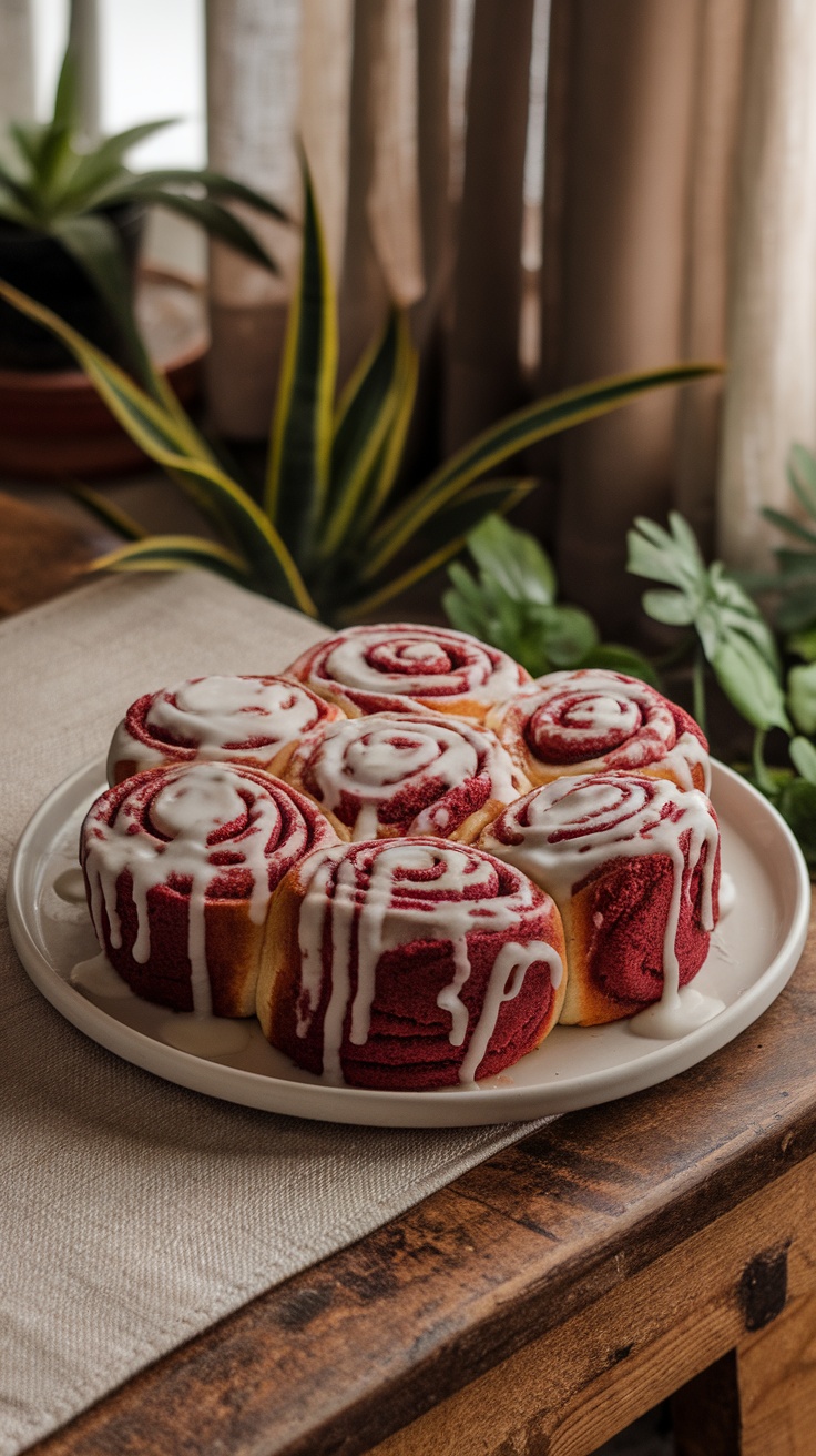 Decadent Red Velvet Cinnamon Rolls A plate of warm red velvet cinnamon rolls topped with cream cheese frosting.